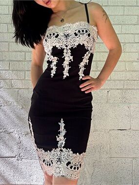 Haute Monde Black Bodycon Dress with White Lace Appliqué